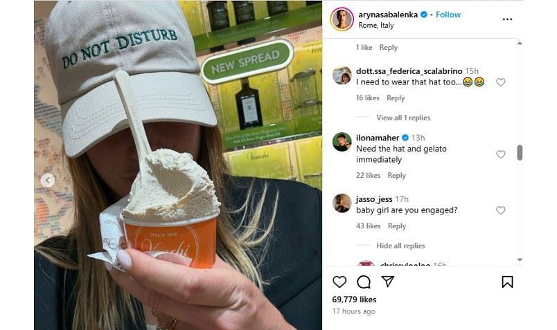 Screenshot of Aryna Sabalenka's Instagram post featuring Ilona Maher's comments | Source: IG/arynasabalenka